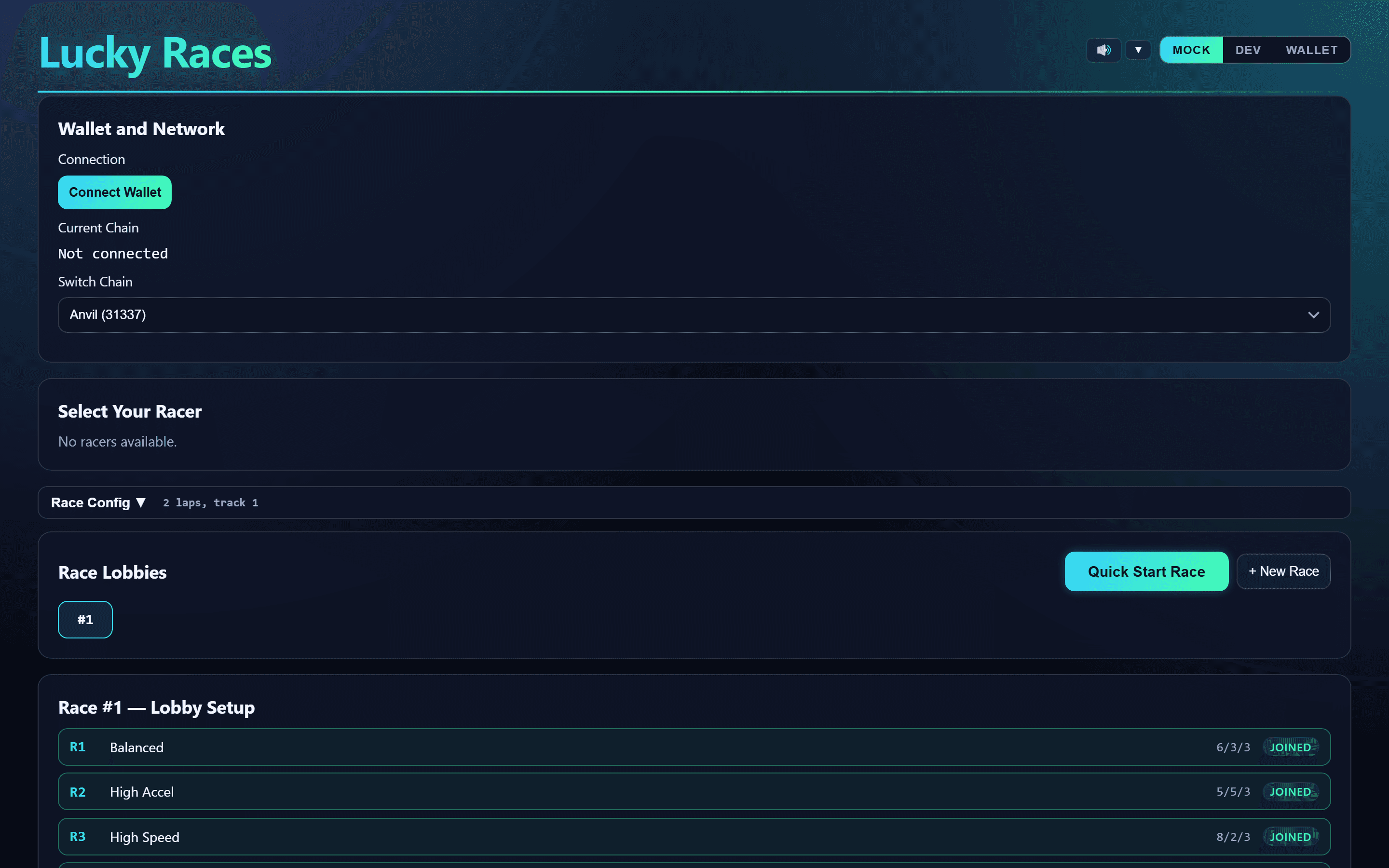 Lucky Races lobby and racer selection
