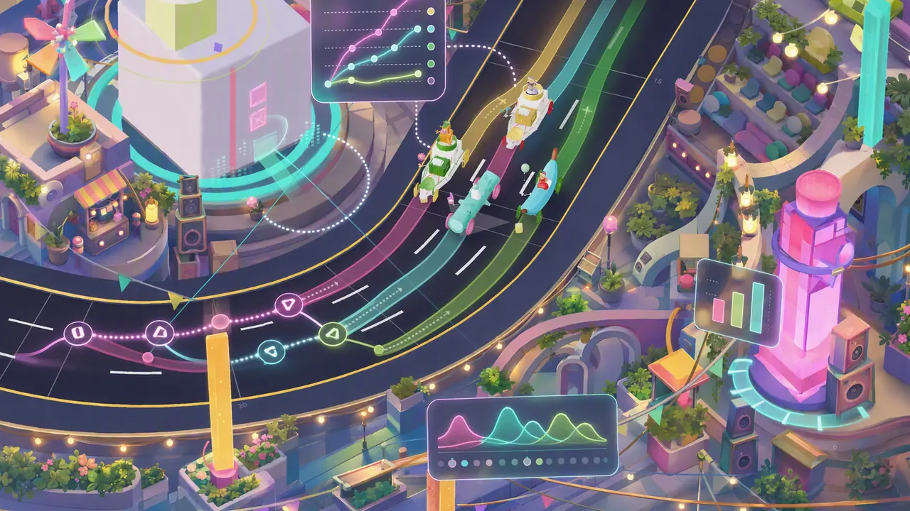 Current racers surrounded by live strategy paths on the Lucky Races board