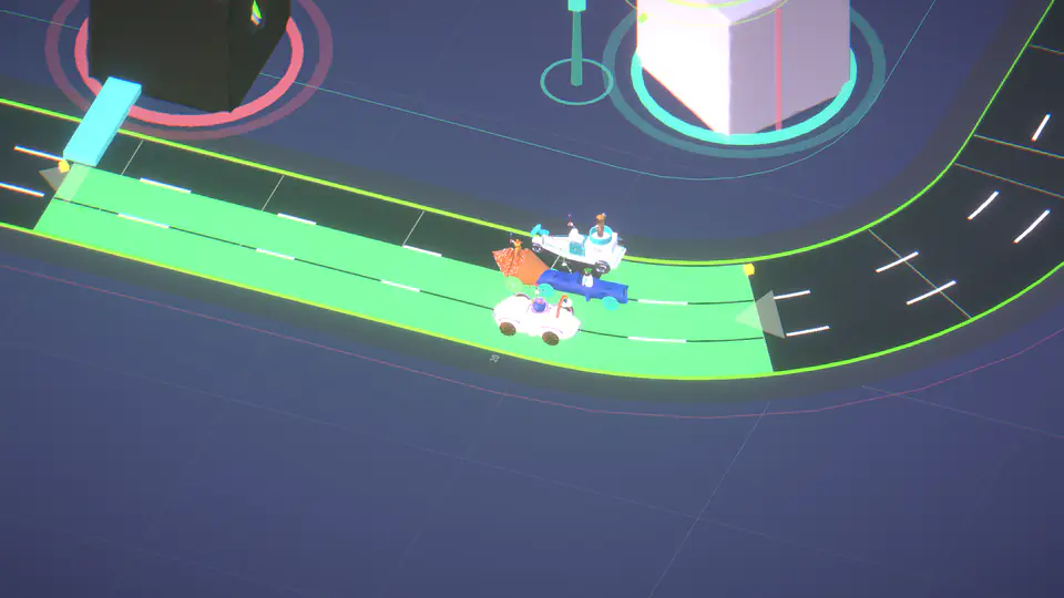 Four released Racerverse racers packed together on the Pulse Track