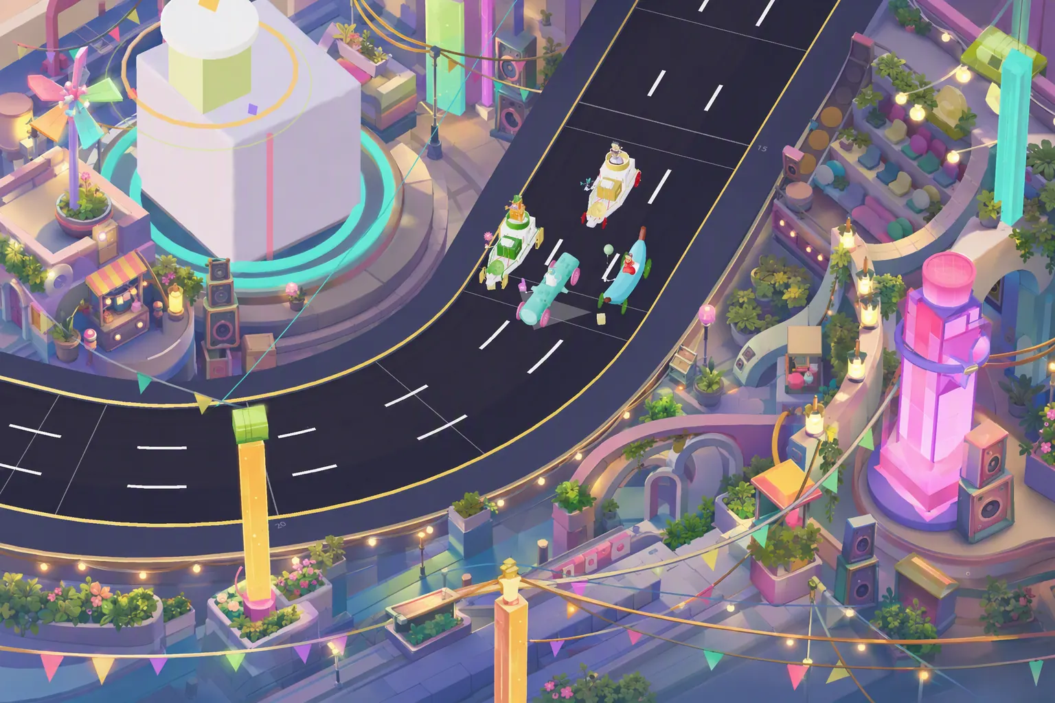 Four current Racerverse racers choosing lanes through Lucky Lane